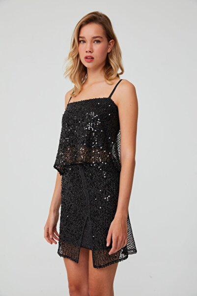 JOIN US Ip Askı Pul Işlemeli Transparan Siyah Crop Top