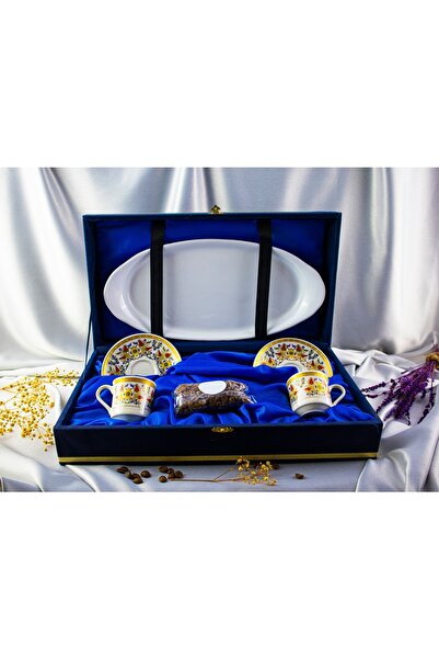 Kütahya Serigrafi Double Gold Gilded Tray Velvet Boxed Porcelain Cup Set