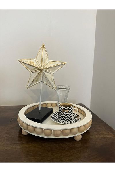 Süs Dükkanı Wooden Tray Tea Coffee Presentation Gift Decorative Wooden Beaded Tray Model