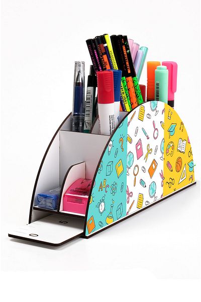 kutuTR Wooden Vip Students Rainbow Ruled Desktop Pen Holder Organizer Assembled Boxed