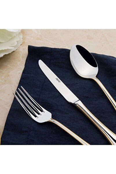 Nehir Fulya 24 Carat Plain Gold Plated 72 Piece Leather Boxed Fork Spoon Knife Set