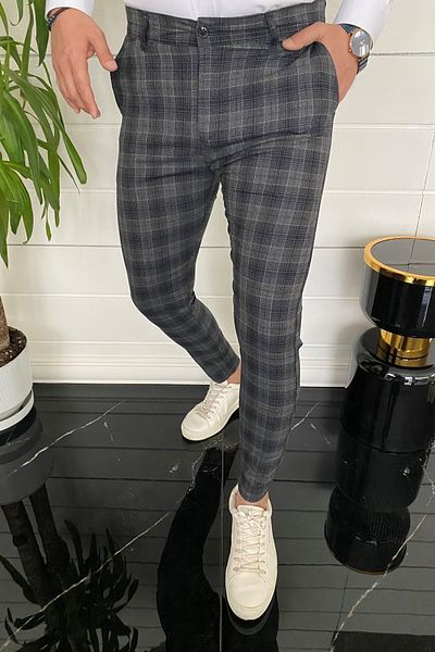 MODAMESTO Men's Black Slim Fit Plaid Fabric Trousers