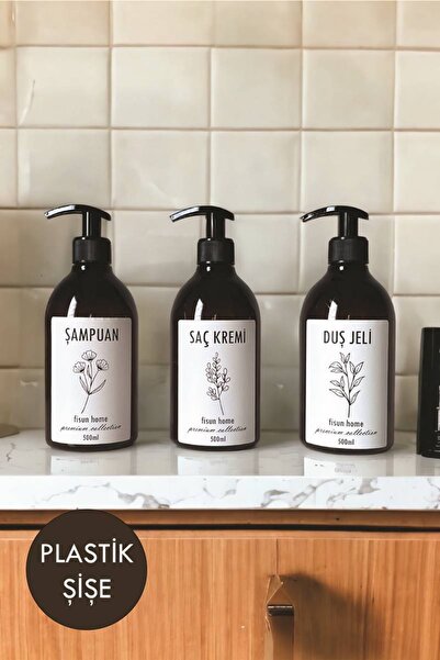 3'lü Amber Şampuan Duş Jeli Saç Kremi Mika Plastik Şişe Seti Banyo Düzenleyici 500ml