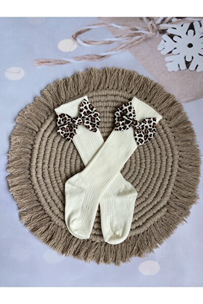 Mini Kids Baby Kız Bebek Leopar Desenli Fiyonklu Krem Rengi Diz Altı Çorap