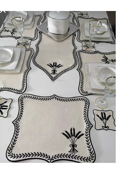 HİFA Set de serviciu și alergător american pentru 6 persoane (Buchet de vârf) (13 bucăți) alb-negru