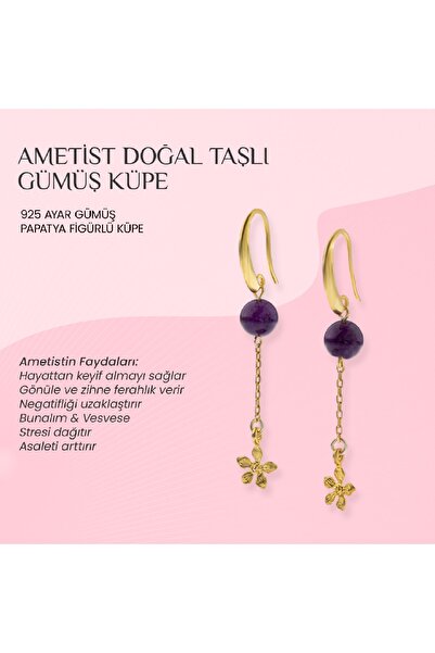 OSMANLI DOĞAL TAŞ Ametist Doğal Taşlı 925 Ayar Gümüş Küpe Papatya Motifli