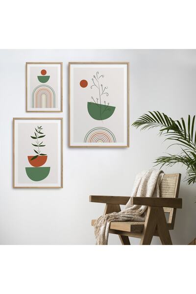 HOMEPACK 3'lü Set Doğal Ahşap Lamine Çerçeveli Linear Çizgisel Ve Daire Şekil...