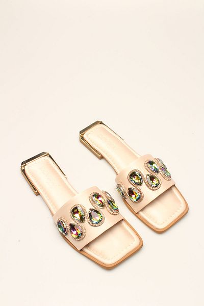 ROVIGO Beige Satin Stone Women's Slippers