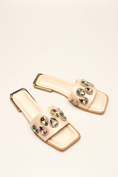 ROVIGO Beige Satin Stone Women's Slippers