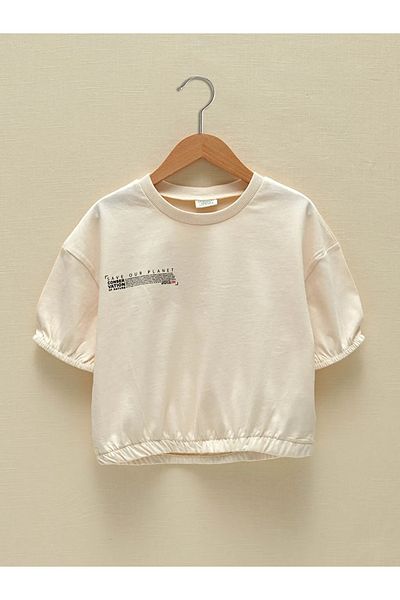 LC Waikiki Hooded Crew Neck Printed Short Sleeve Organic Cotton Girl's Sweatshirt