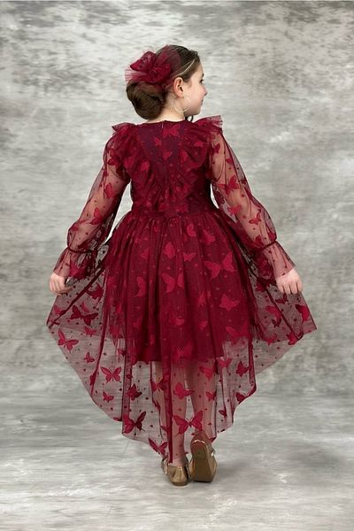 ABİYEKİDS Butterfly Patterned Tailed Long Sleeve Claret Red Children's Evening Dress Ages 10/13 Aby825