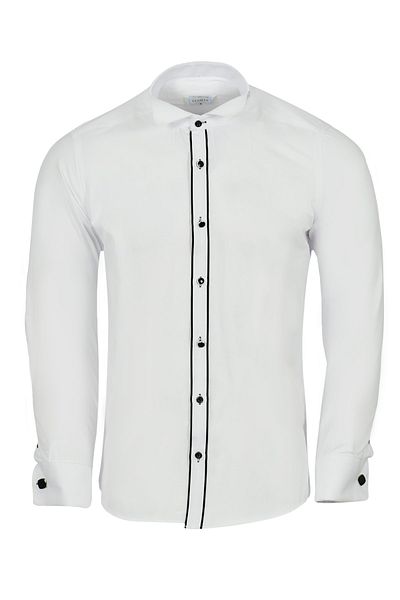 R-Germen White Groom's Suit Slim Fit Shirt with Ankle Collar Stripe