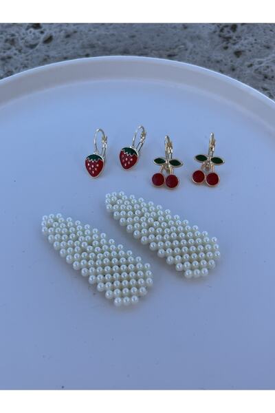 Floriaco Kız Çocuk Kirazlı Çilekli Küpe Ve Inci Toka Seti