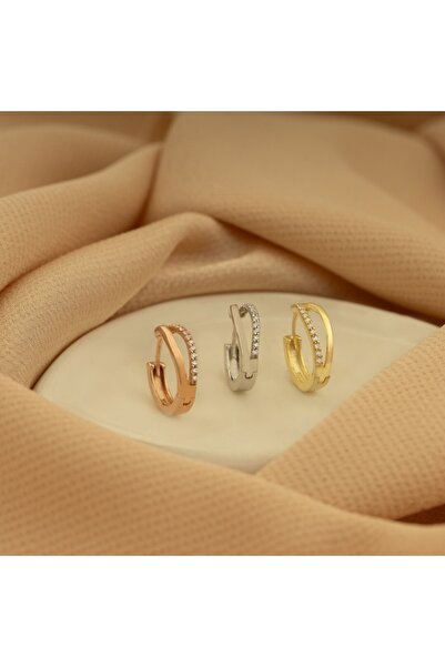 Dkmn Silver Iki Şeritli Taşlı Daire Küpe Rose Kaplama 925 Ayar Kadın Gümüş Küpe