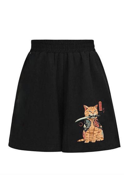 Touz Μαύρο Unisex χτενισμένο βαμβακερό σορτς - Eylm Killer Cat Printed