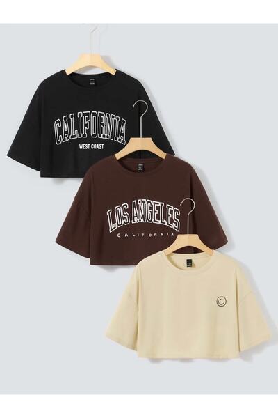 Keywest Γυναικεία μπλούζα Crop σε 3 τεμάχια Μαύρη Καφέ Μπεζ με στάμπα