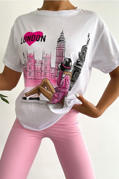 FEMELLE Women's White Crew Neck Sequin Detailed T-Shirt