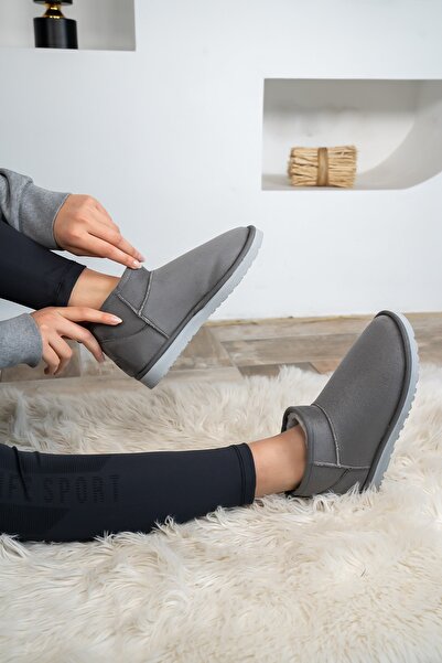 Shupe Kadın Gri Ultra Mini Süet Bot Içi Kürklü Kışlık Taban Bot & Bootie