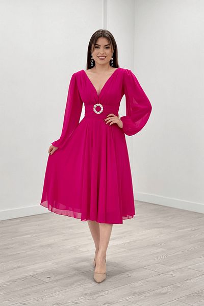 giyimmasalı Chiffon Fabric Midi Dress - Fuchsia
