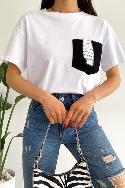 FEMELLE Women's White Crew Neck Pocket Ripped Denim And Text Detailed 100% Cotton T-Shirt