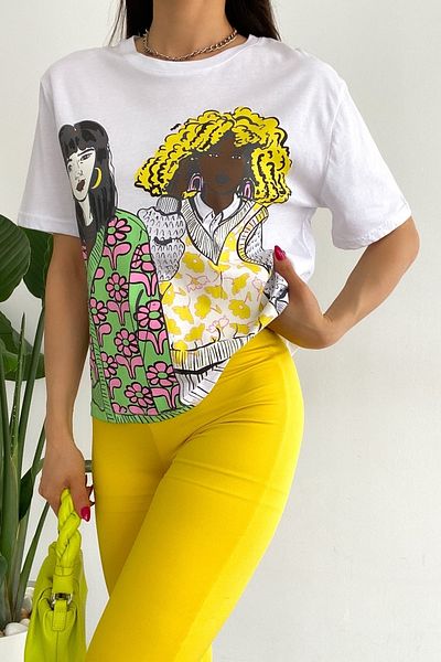 FEMELLE Women's White Crew Neck Printed 100% Cotton T-Shirt