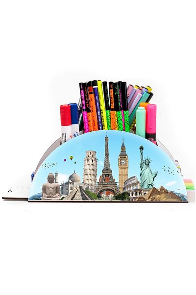 kutuTR Wooden Vip City Series Rainbow Ruled Desktop Pen Holder Organizer with Assembled Box