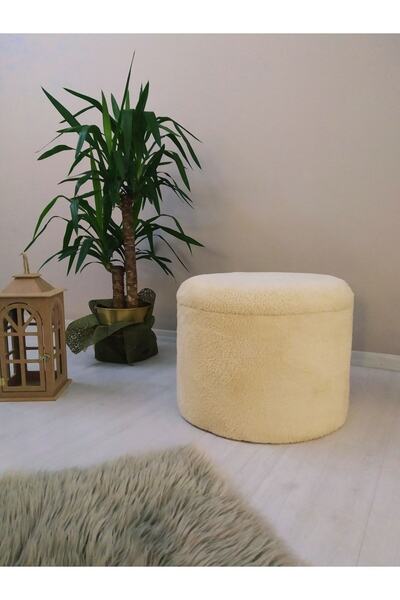 PUFANNA Handmade X Large Bej Tedy Kumaş Sandıklı Silindir Dekoratif Pufidik Puf Bench