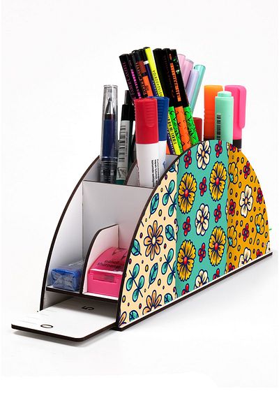 kutuTR Wooden Vip Flowers Series Rainbow Ruled Desktop Pen Holder Organizer Assembled Boxed