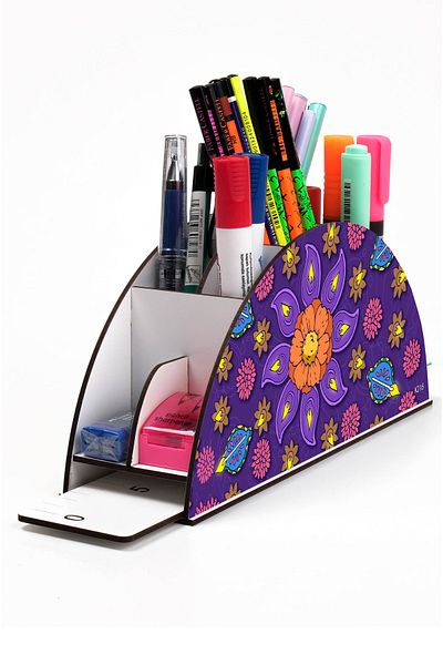 kutuTR Wooden Vip Flover Series Desktop Pen Holder Organizer with Rainbow Ruler Assembled Box