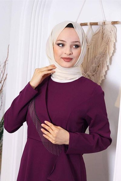 sinanur Women's Sare Purple Chain And Ruffle Detailed Dress 2074
