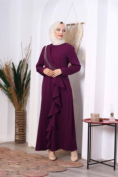 sinanur Women's Sare Purple Chain And Ruffle Detailed Dress 2074
