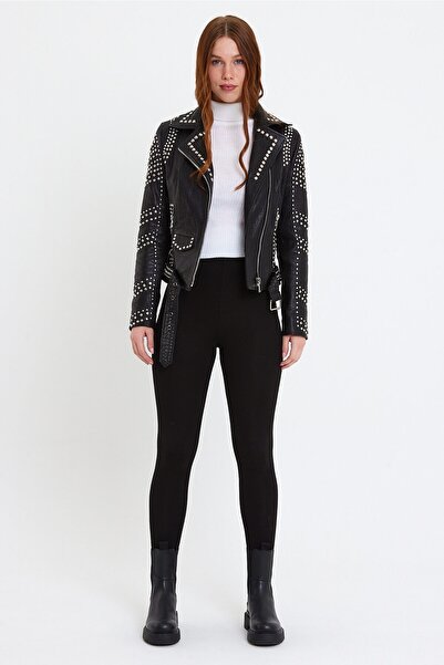 nero leather fur Nero Leather - Damar Desen Deriden Zımba Detaylı Kadın Ceket...