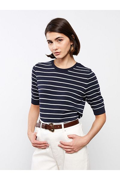 LC Waikiki Crew Neck Striped Short Sleeve Women's Knitwear Sweater