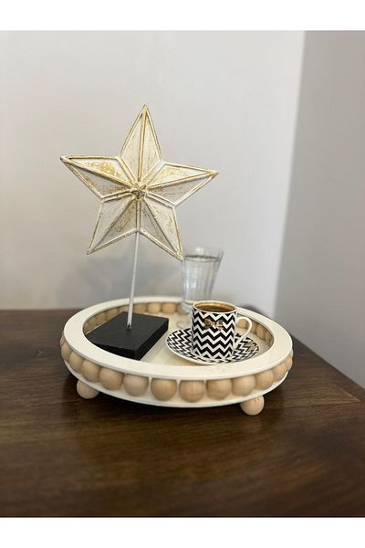 Süs Dükkanı Wooden Tray Tea Coffee Presentation Gift Decorative Wooden Beaded Tray Model