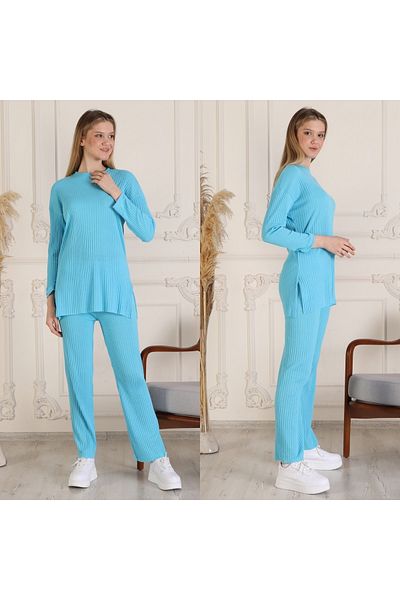 ECK MODA Women's Knitted Knitwear Side Slit Detail Bottom and Top Set