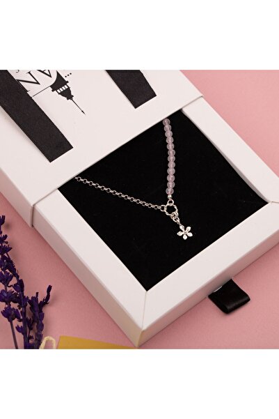 OSMANLI DOĞAL TAŞ Pembe Kuvars Doğal Taşlı Papatya Gümüş Kolye