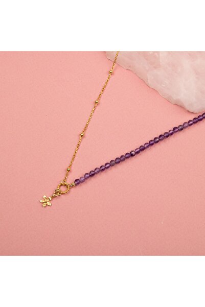 OSMANLI DOĞAL TAŞ Ametist Doğal Taşlı Papatya Motifli Gümüş Şans Kolyesi