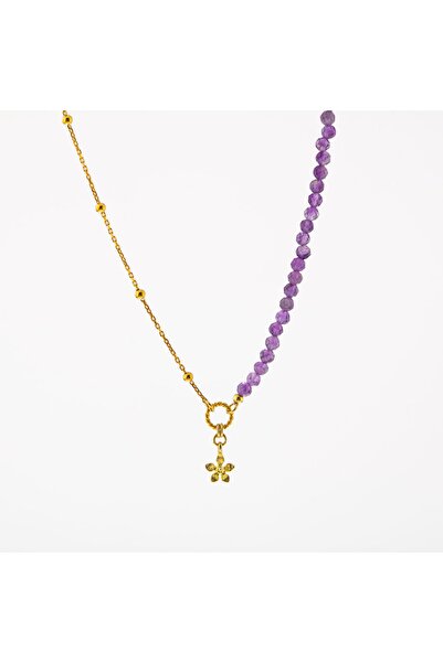 OSMANLI DOĞAL TAŞ Ametist Doğal Taşlı Papatya Motifli Gümüş Şans Kolyesi