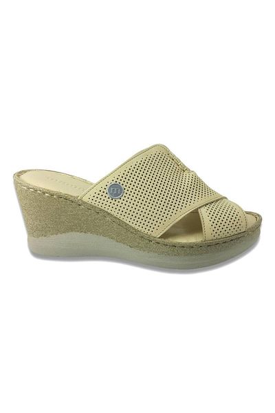 Mammamia D23yt-2095 Papuci de damă din piele de culoare bej cu toc cu pană anatomic (7 cm)
