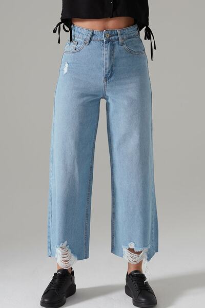 fehika Γυναικείο Ice Blue Clot Leg Ripped Mom Jean Jeans με λέιζερ