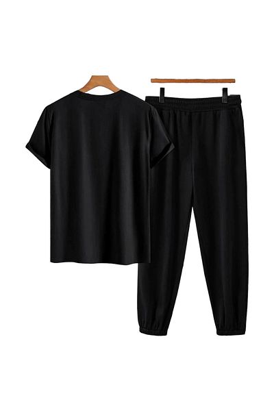 bugysprings Unisex εμπριμέ μαύρο μπλουζάκι με λαιμόκοψη και μαύρο φούτερ στο κάτω μέρος Σετ 2 τεμαχίων
