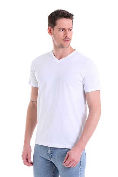 Hatemoğlu Tricou alb uni, cu decolteu în V, 100% bumbac