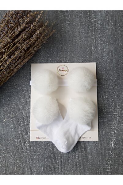 pempem bandana Baby Girl White Short Pompom Socks Bandana Set
