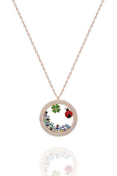 Bilsen Store 925 Ayar Gümüş Zincirli Rose Kaplama Yonca Uğur Böceği Doğa Kolye