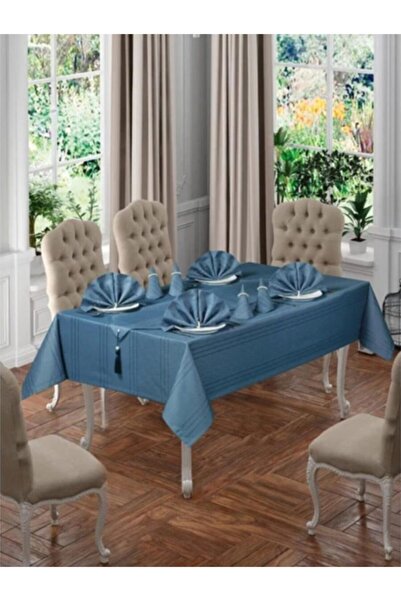 Abacı Home Petrol Blue 12 Person Luxury Colber Tablecloth Set