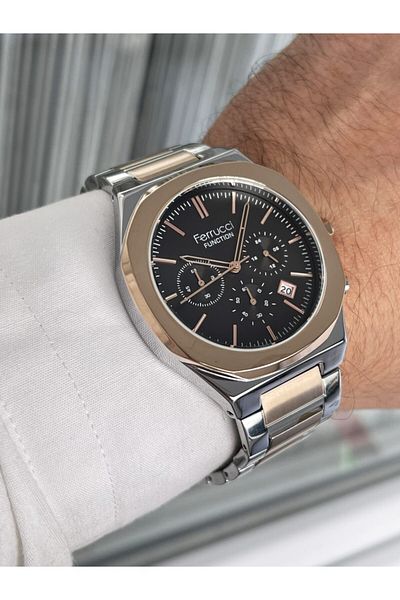 Ferrucci Men's Rose Gold Silver Color Large Case Metal Cord Wrist Watch + Hematite Natural Stone Bracelet