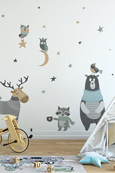TUGİBU Duvar Sticker Seti Iskandinav Temalı Gri Mavi Hayvanlar