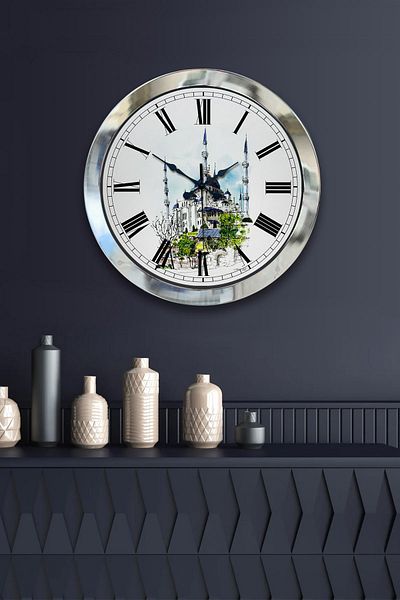 Kasva Concept Gift 36 cm Chrome Metal Sultanahmet Themed Wall Clock
