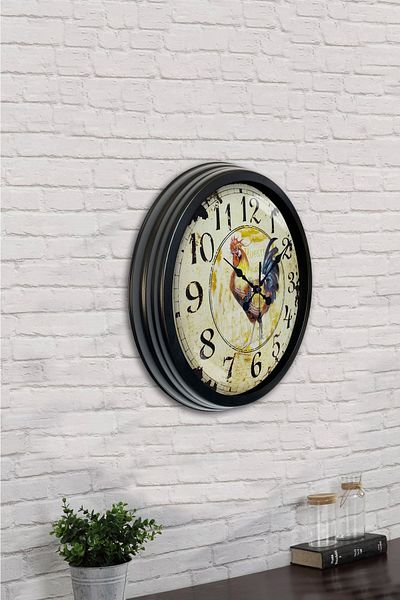 Kasva Concept Gift 40 cm Black Metal Rooster Wall Clock