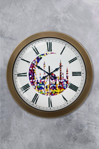 Kasva Concept Gift 36 cm Antique Metal Crescent and Mosque Wall Clock